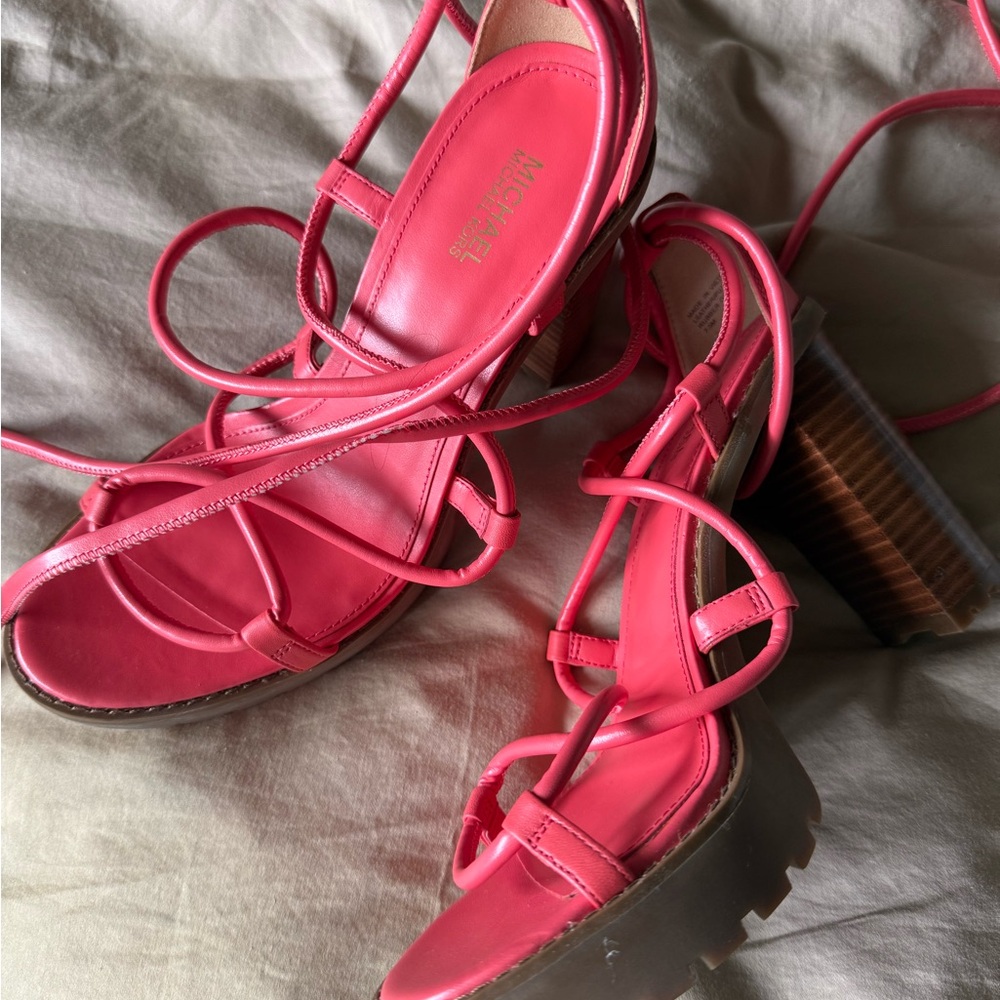 Michael Kors Womens Platform Sandals Vero Leather Lug Sole Coral Dahlia